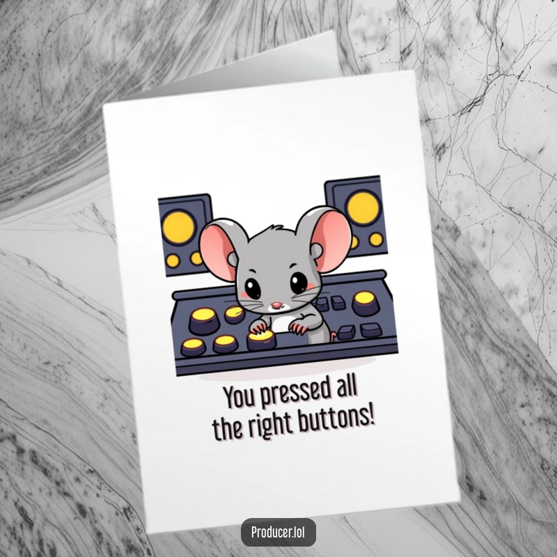Funny Free Printable Congratulations Card: A determined mouse pressing glowing buttons on a game console.