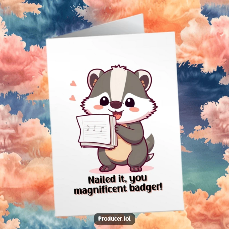 Funny Free Printable congratulations card showing a playful badger excitedly holding a stack of production notes for a successful project.