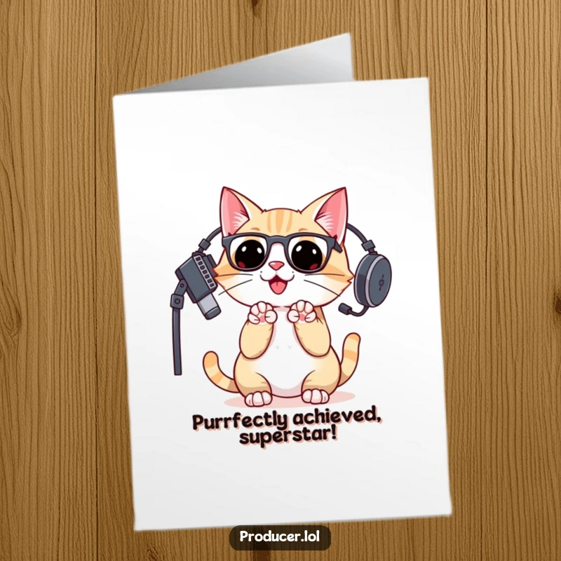 Funny Free Printable Congratulations Card: Cat DJ in headset cheering with paws, celebrating major success.