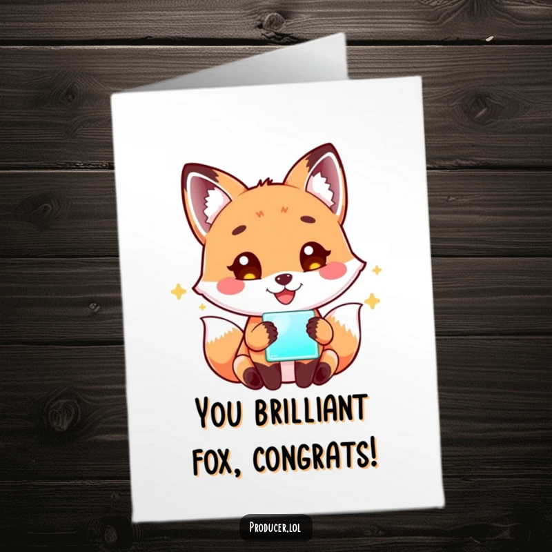 Funny free printable congratulations card showing a joyful fox captivated by a bright glowing screen, celebrating success.