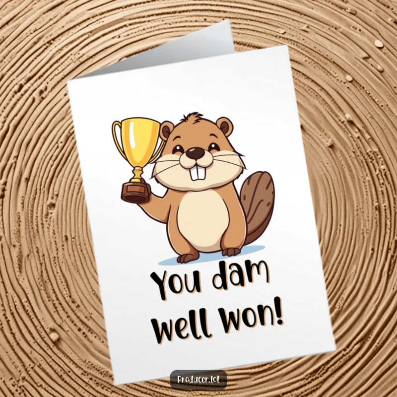 Funny Free Printable Congratulations Card: Determined beaver holding a trophy high, a symbol of achievement.