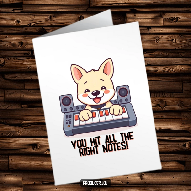 Funny free printable congratulations card featuring a happy dog pressing buttons on a soundboard, celebrating with enthusiasm and sound.