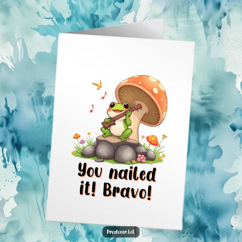 Funny free printable congratulations card: Frog playing a symphony on a mushroom, celebrating success with music.