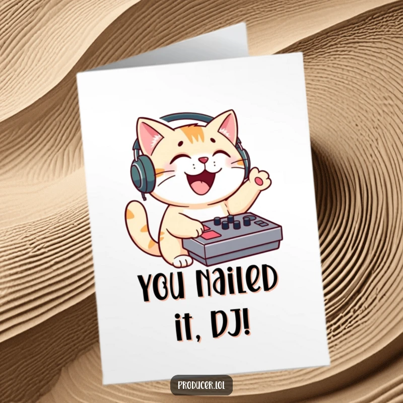 Funny Free Printable Congratulations Card: Cat DJ with headphones, celebrating success with a mixing board gesture.