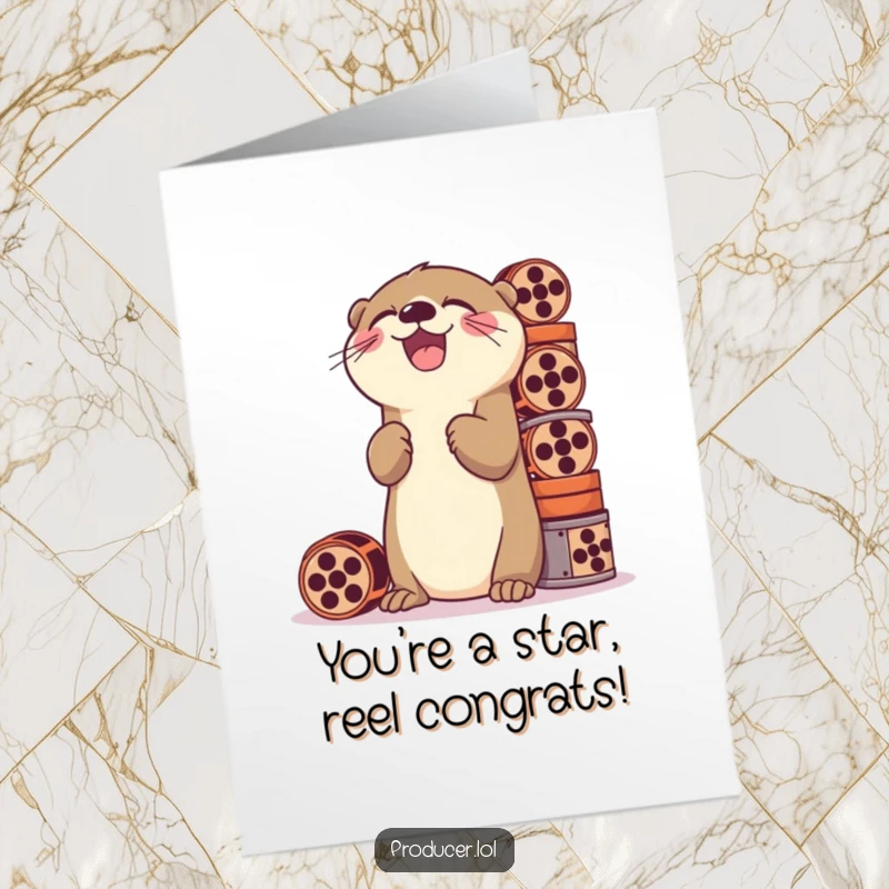 Funny free printable congratulations card showing a happy otter laughing while stacking film reels, celebrating success.