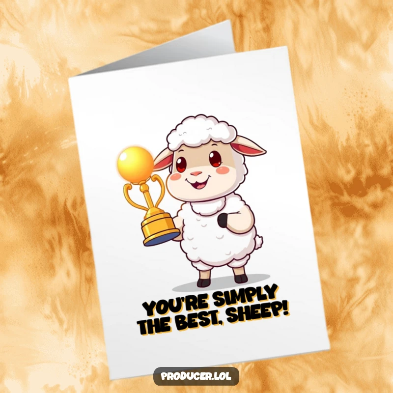 Funny Free Printable Sheep Congratulations Card, proudly presenting a glowing award statue, celebrating a magnificent win.