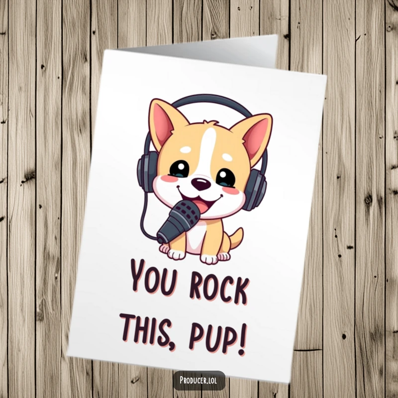 Funny Free Printable Congratulations Card: Happy dog wearing a headset enthusiastically holds a microphone, announcing success.