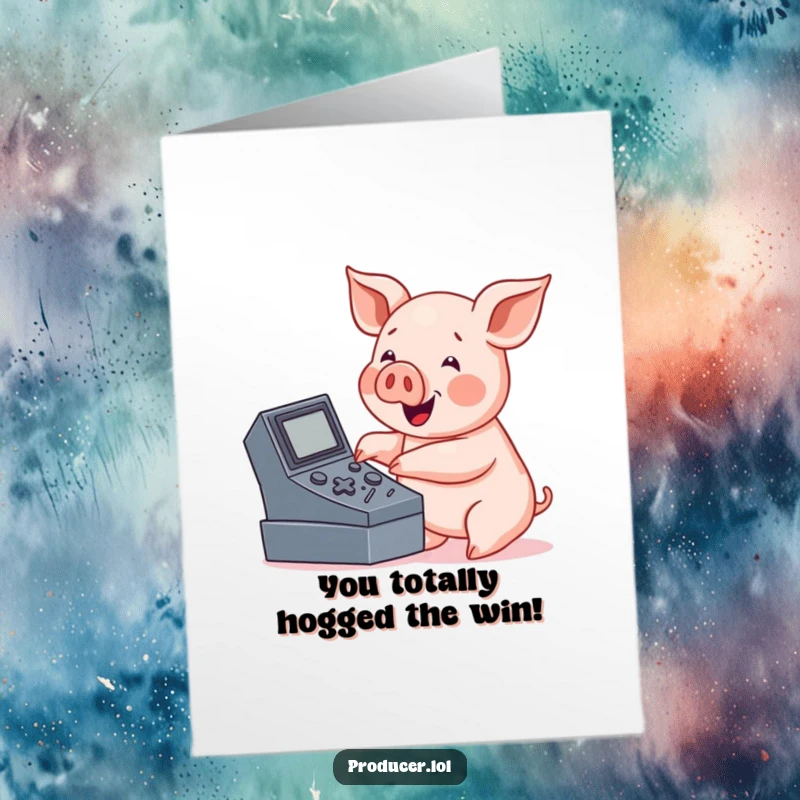 Funny Free Printable Congratulations Card: Friendly pig enthusiastically pressing buttons on a console, celebrating success.