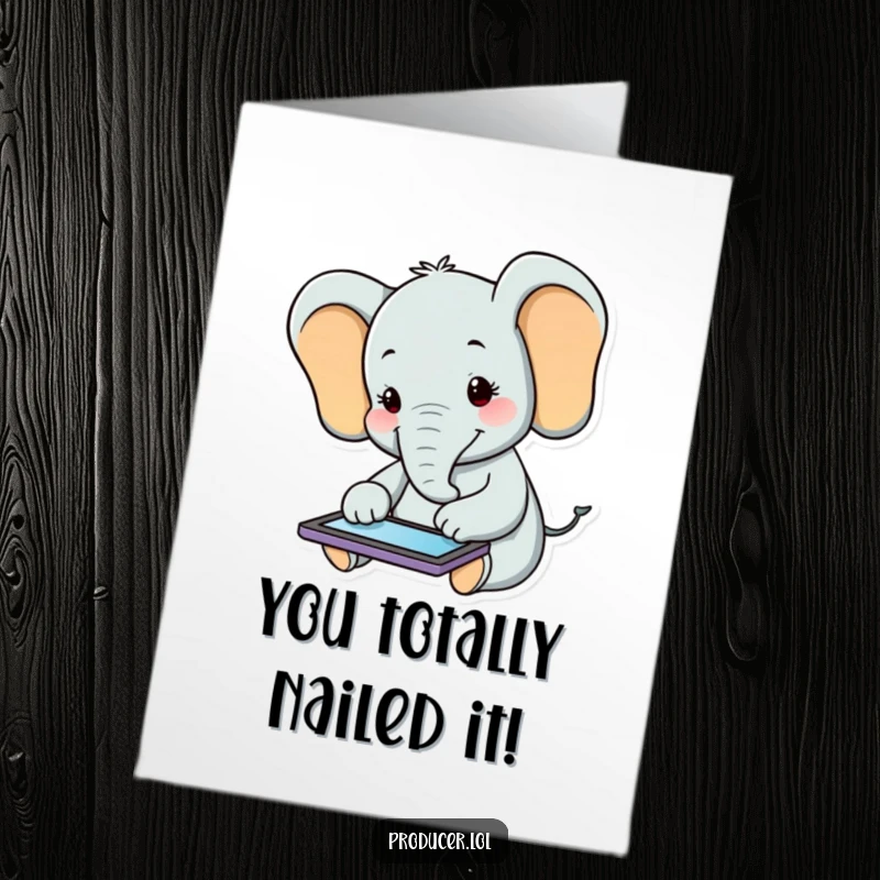 Funny Free Printable Congratulations Card: A happy elephant beams while tapping on a tablet, celebrating success.