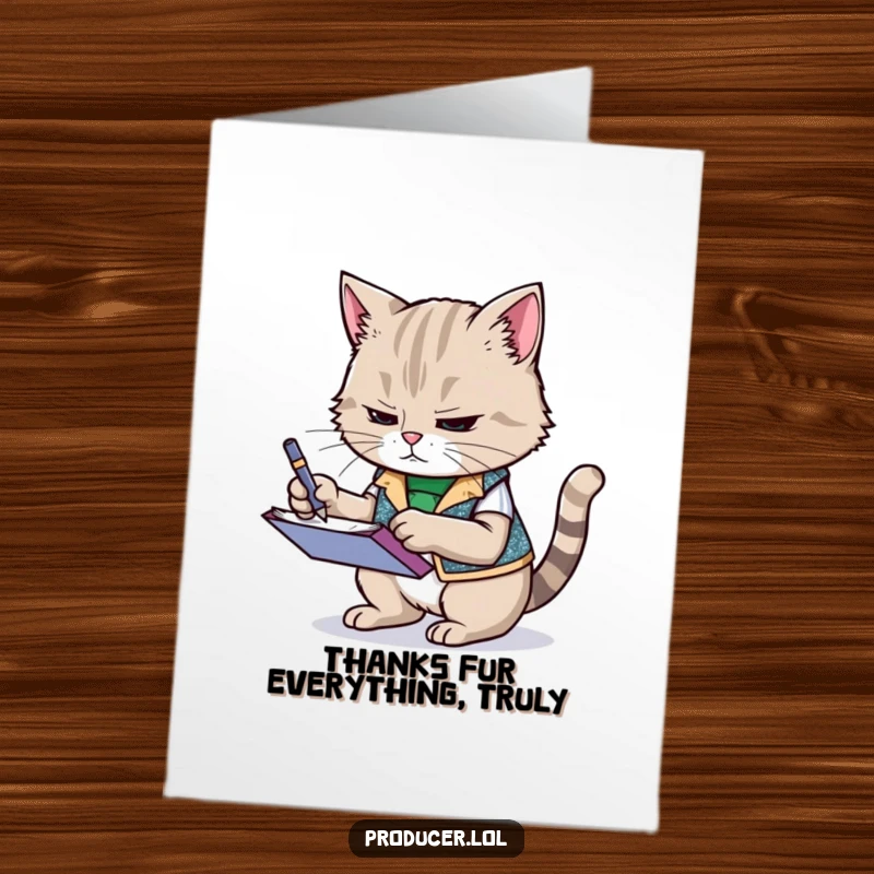 Funny Free Printable Thank You Card: Determined cat with notepad, a unique and humorous DIY gift for expressing gratitude.