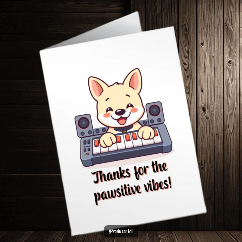 Funny free printable thank you card of a smiling dog joyfully pressing buttons on a soundboard with its paws, expressing gratitude.