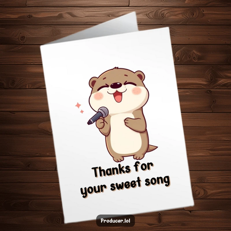 Funny Free Printable Otter Thank You Card: A delighted otter singing with closed eyes into a microphone, expressing heartfelt thanks.