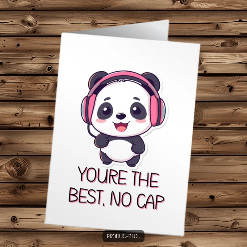 Funny Free Printable thank you card featuring a smiling panda wearing headphones, bopping its head with gratitude for a kind gesture.