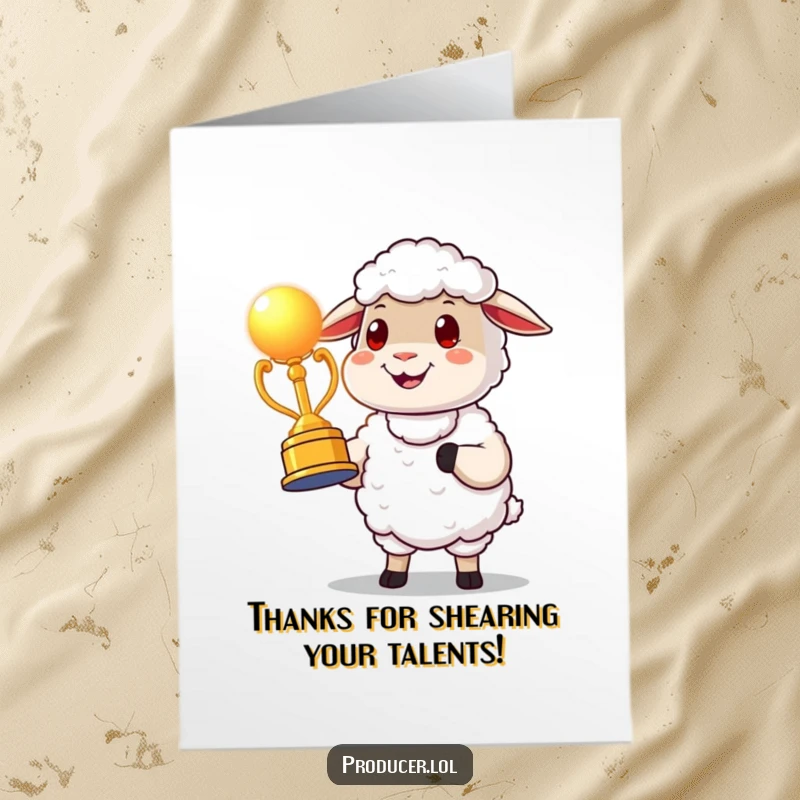 Funny Free Printable Sheep Thank You Card, proudly presenting a glowing award statue, a symbol of heartfelt thanks.
