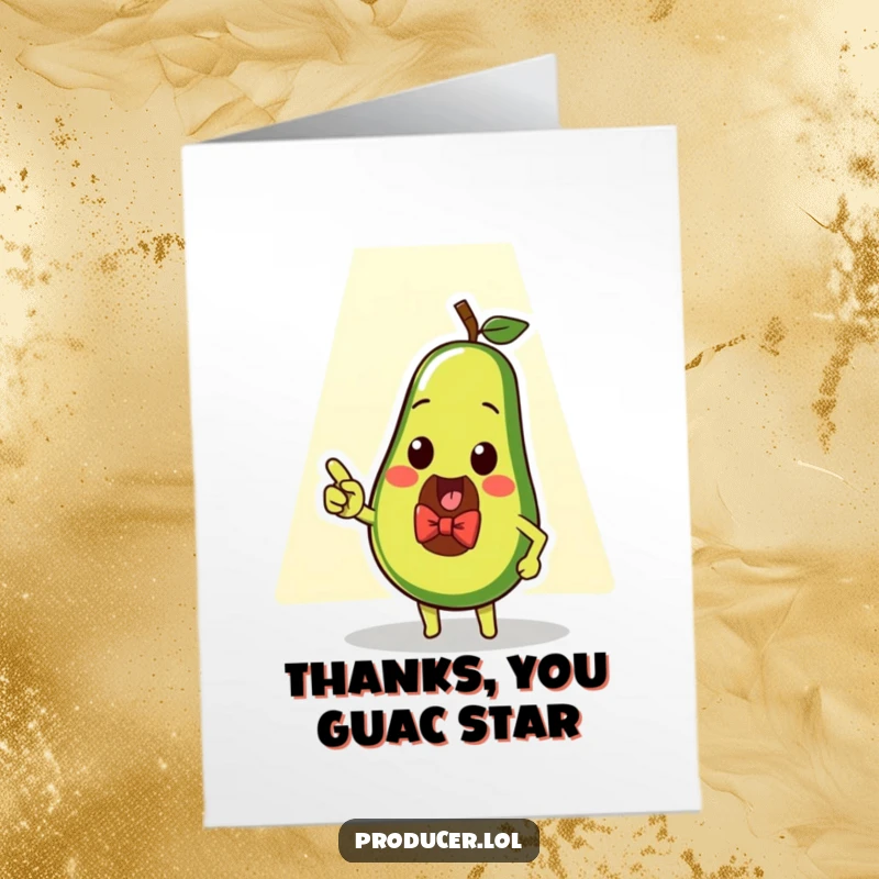 Funny Free Printable Thank You Card: A cute avocado wearing a bow tie points at a spotlight, expressing thanks.