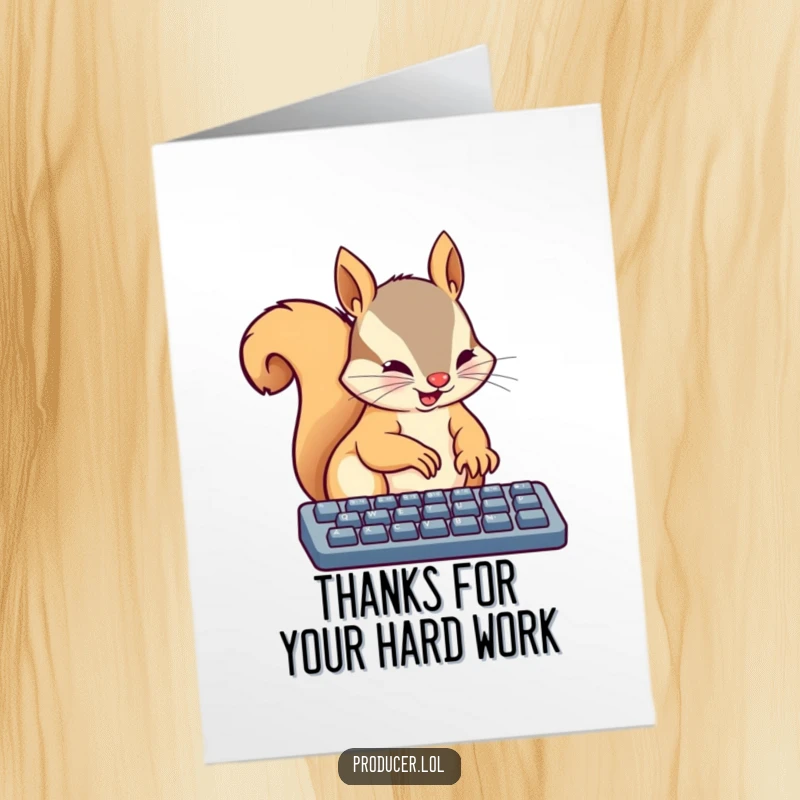 Funny Free Printable Thank You Card: A focused squirrel energetically taps on a keyboard with tiny paws, sending a heartfelt thank you message.