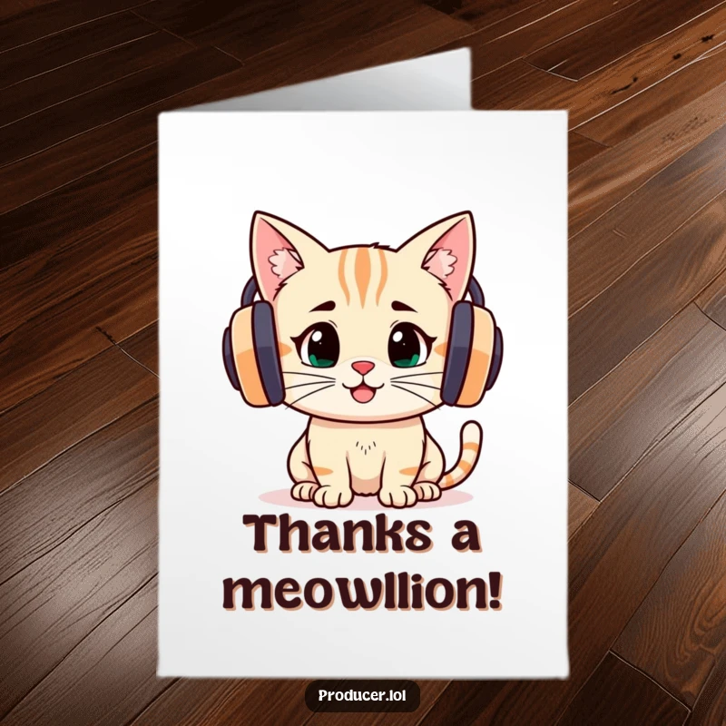 Funny Free Printable Thank You Card: Determined cartoon cat intently listening through large headphones, joyful expression, showing appreciation.