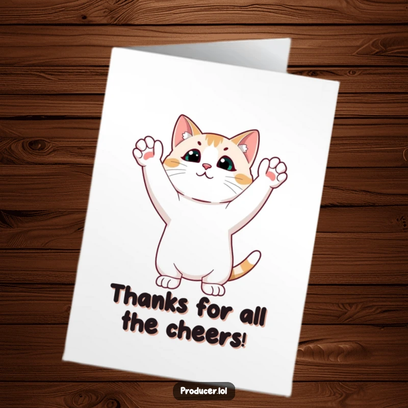Funny Free Printable Thank You Card: Cat standing and clapping enthusiastically, showing appreciation with raised paws.