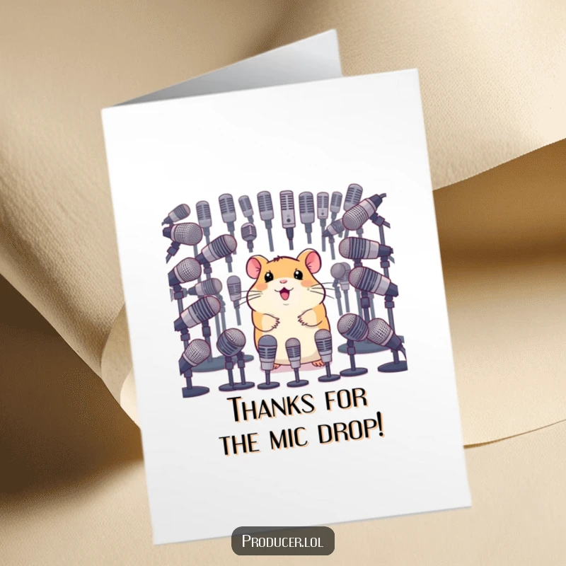 Funny Free Printable Thank You Card: Happy hamster surveys microphones, ready to give a thankful speech, expressing gratitude.