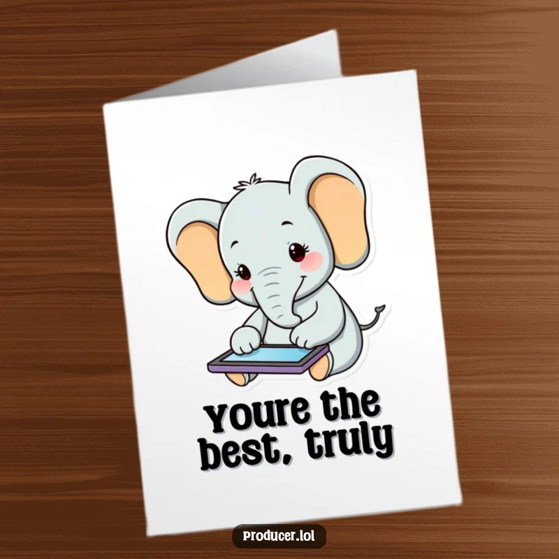 Funny Free Printable Thank You Card: A smiling elephant uses a tablet to send heartfelt thanks with a tech twist.
