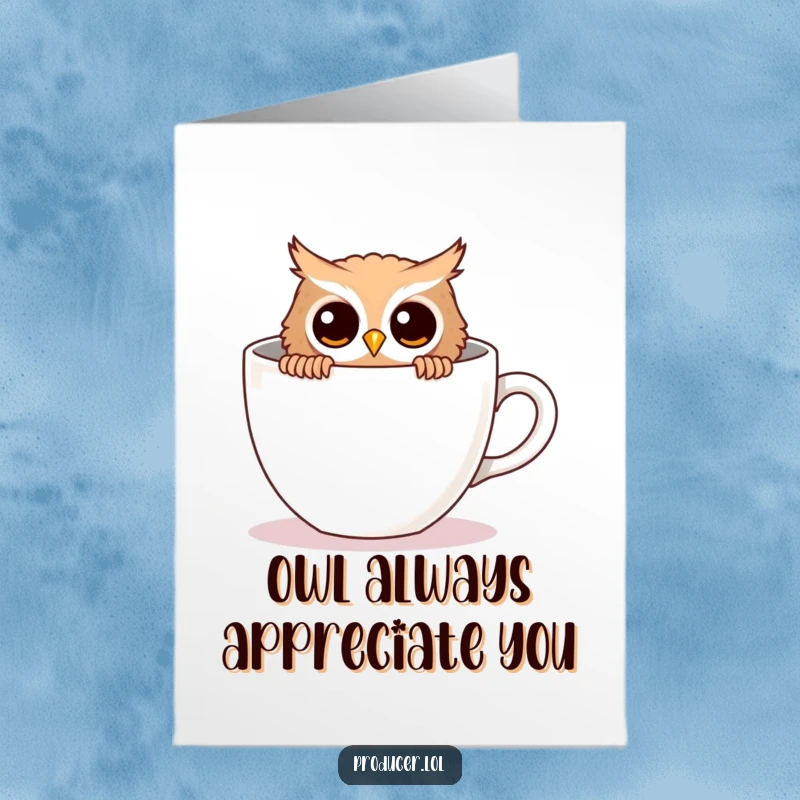 Funny Free Printable Thank You Card: A curious owl peeks behind an empty coffee cup, needing a boost to express thanks.