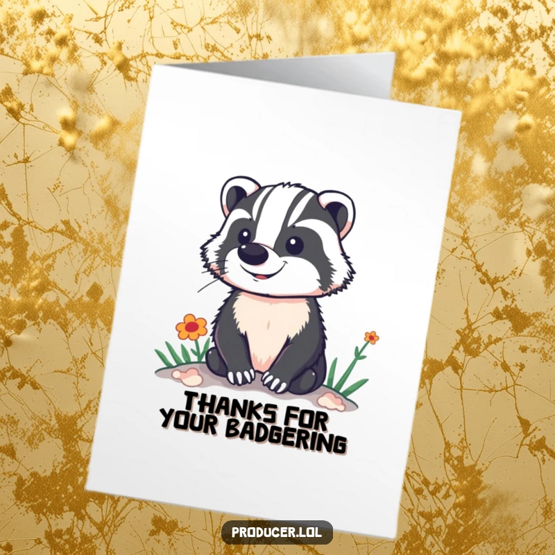 Funny Free Printable Thank You Card: A proud badger looking out over a lively and colorful performance set.
