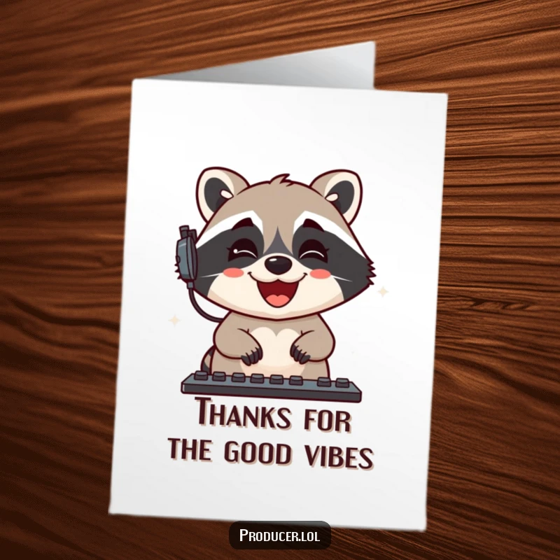 Funny Free Printable Thank You Card: A delighted raccoon gleefully mixes audio levels, sending a musical thank you note.