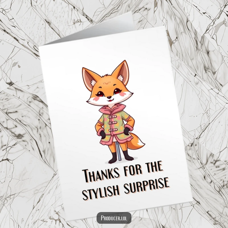 Funny Free Printable Thank You Card: Confident fox designs a colorful costume on a mannequin with a flourish.