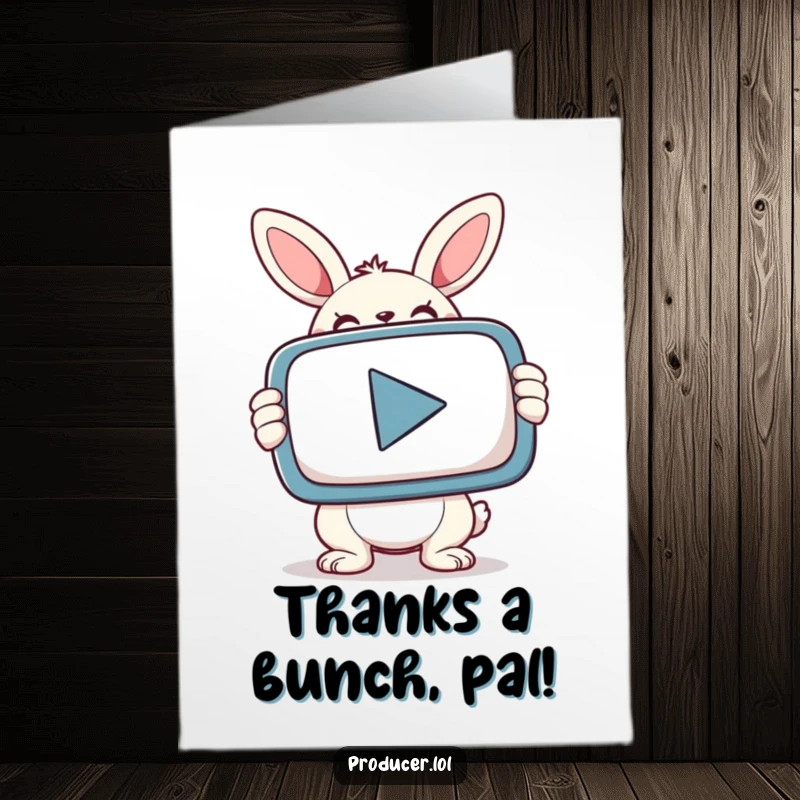 Funny Free Printable Thank You Card: Bunny holding a giant PLAY button, expressing heartfelt thanks.