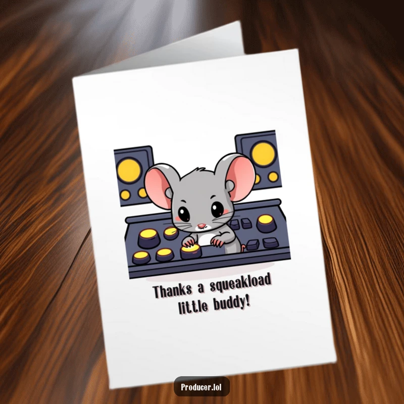 Funny Free Printable Thank You Card: A determined mouse pressing glowing buttons on a console, completing a task.
