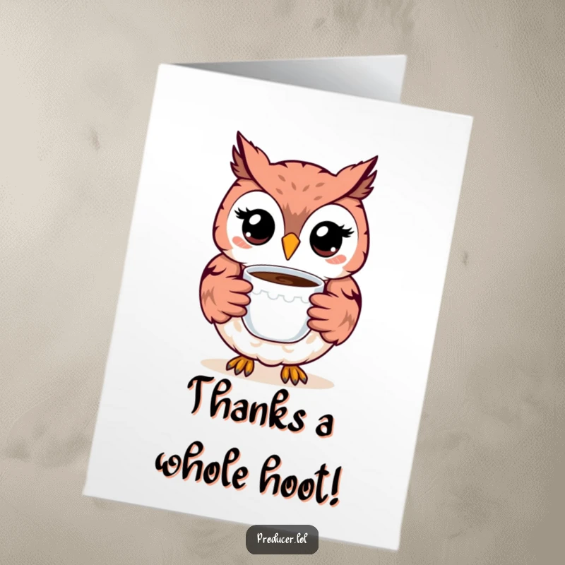 Funny free printable thank you card with a wide-grinning owl offering a warm cup of coffee in gratitude.