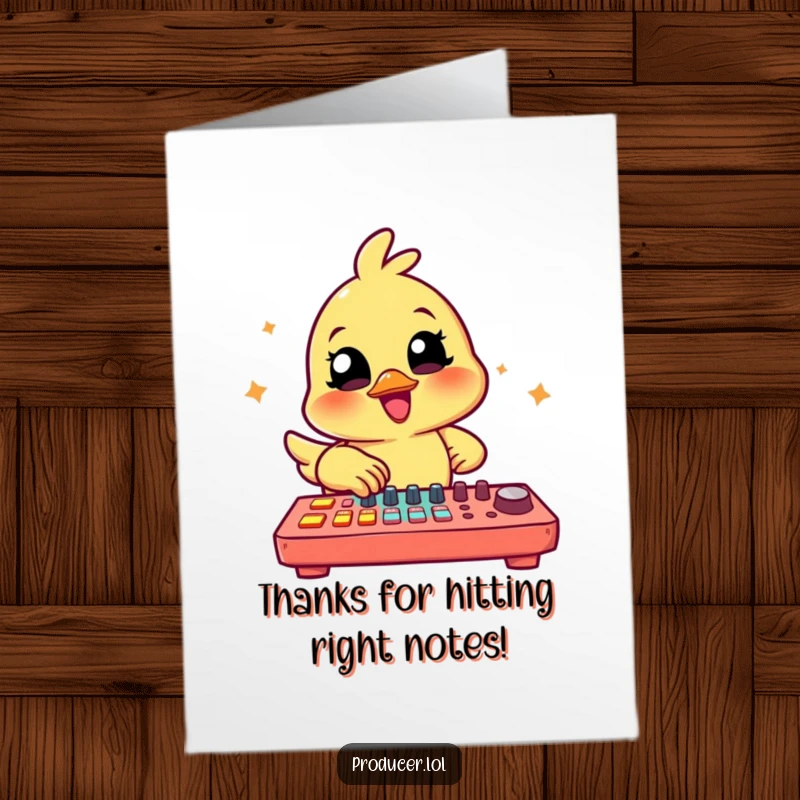 Funny Free Printable thank you card with a cheerful chick tapping a large colorful mixing board to express thanks.