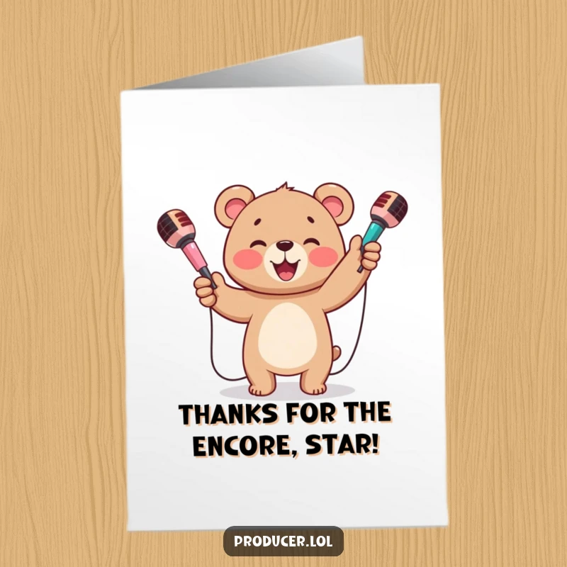 Funny Free Printable Thank You Card: A bear cub happily juggles colorful microphones, beaming with gratitude.