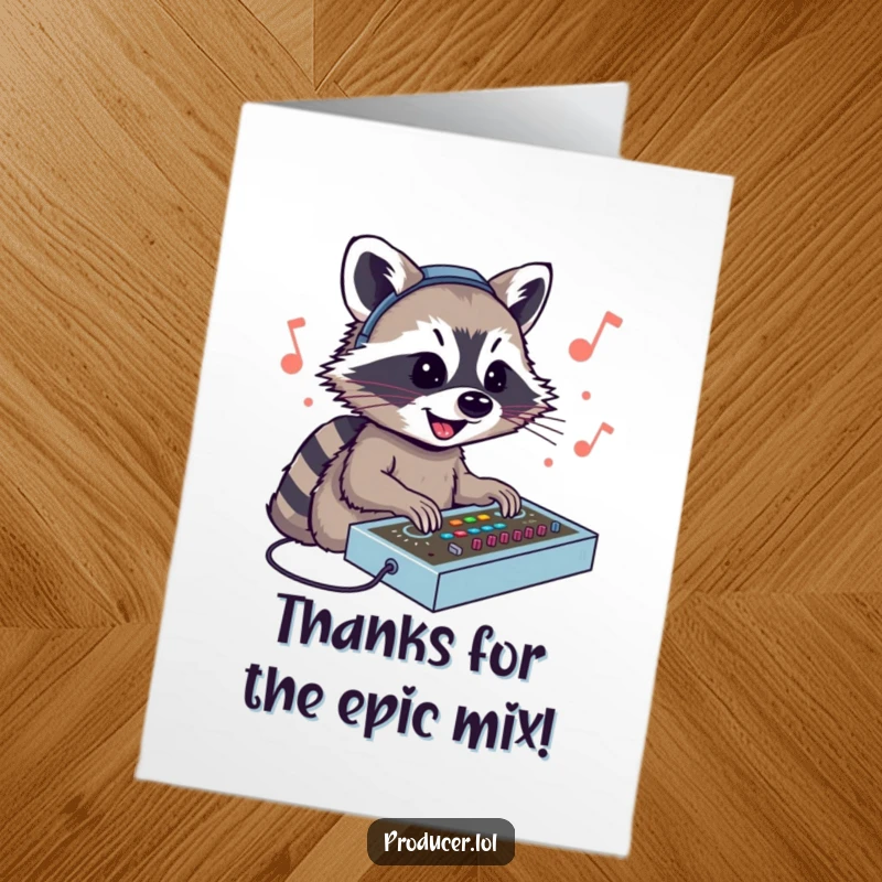 Funny Free Printable thank you card featuring a smiling raccoon DJ enthusiastically mixing sounds at a console sending thanks.