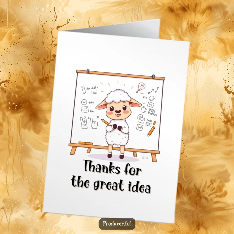 Funny Free Printable Thank You Card: Little sheep enthusiastically sketches a new idea on a large whiteboard.