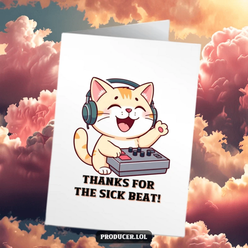 Funny Free Printable Thank You Card: Cat DJ with headphones, smiling, gesturing gratitude with a mixing board.