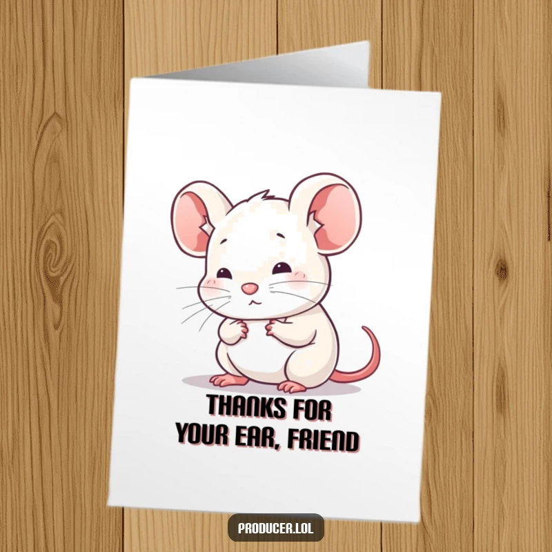 Funny Free Printable Thank You Card: A focused mouse listens closely, a cute and funny way to say thank you.