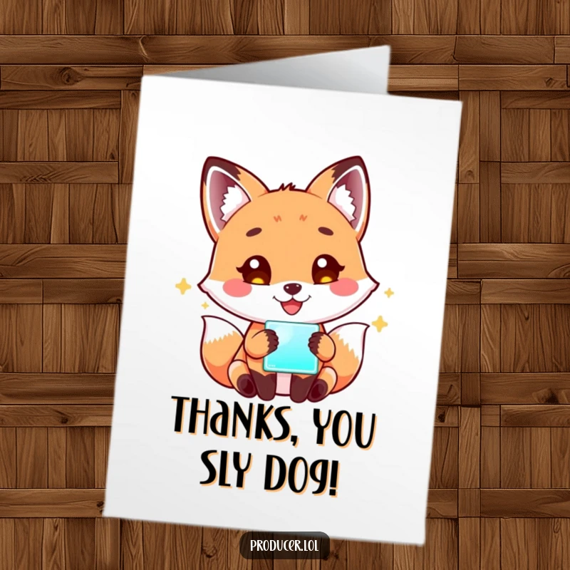 Funny free printable thank you card featuring a happy fox engrossed in a glowing screen, expressing thanks.