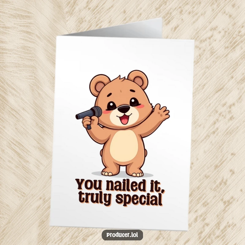 Funny Free Printable Thank You Card: A proud bear cub holds a microphone, ready to thank someone with a powerful performance.