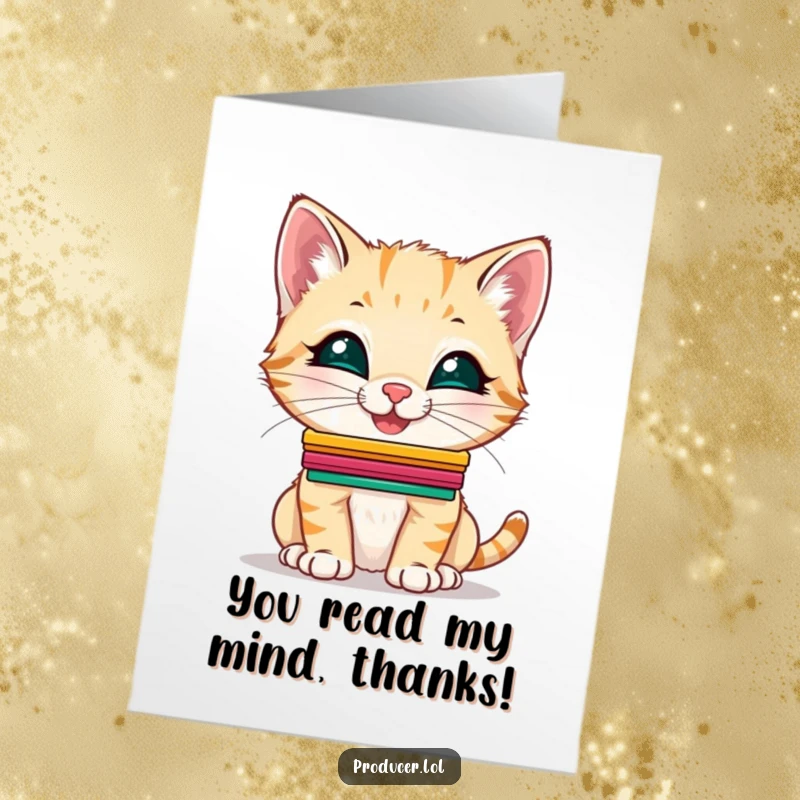 Funny Free Printable Thank You Card: A giggling kitten balances a stack of colorful cue cards on its nose, expressing thanks.