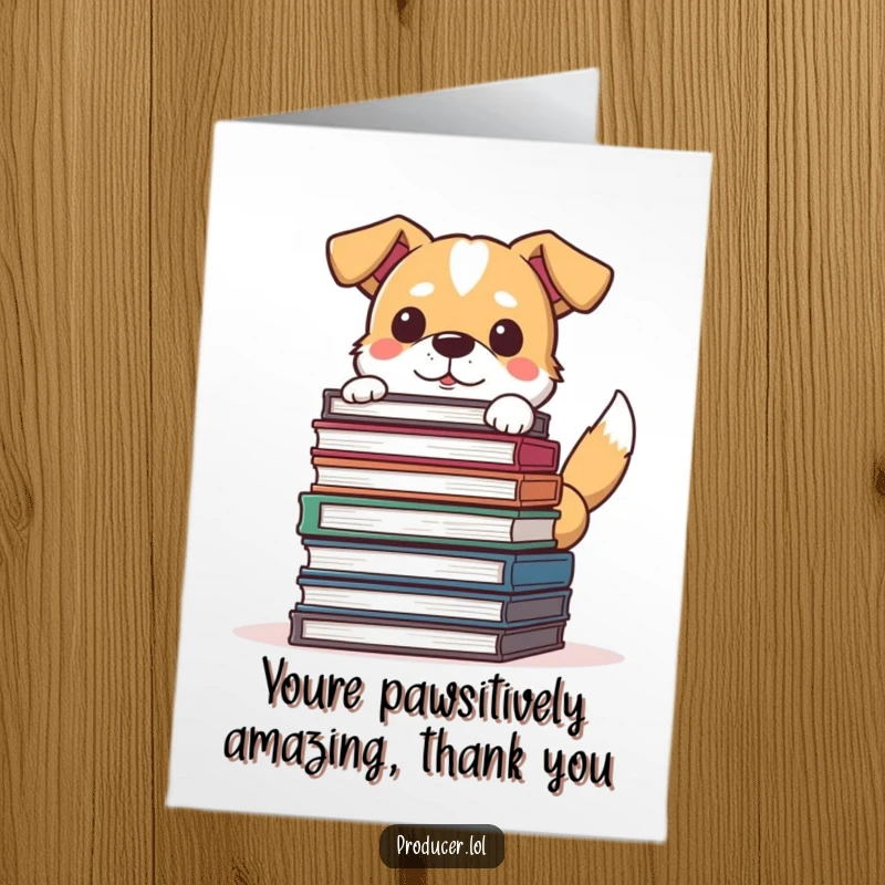 Funny Free Printable thank you card of a determined dog peeking from storyboards, tail wagging, conveying heartfelt thanks.