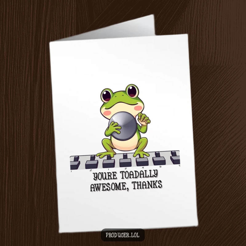 Funny Free Printable thank you card of a joyful frog holding a large fader knob, pushing it up with excitement to show thanks.