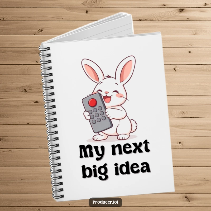 Funny Bunny Remote Control Notebook: A cheerful bunny joyfully presses a big red button with a large remote, ideal for jotting down plans and ideas.