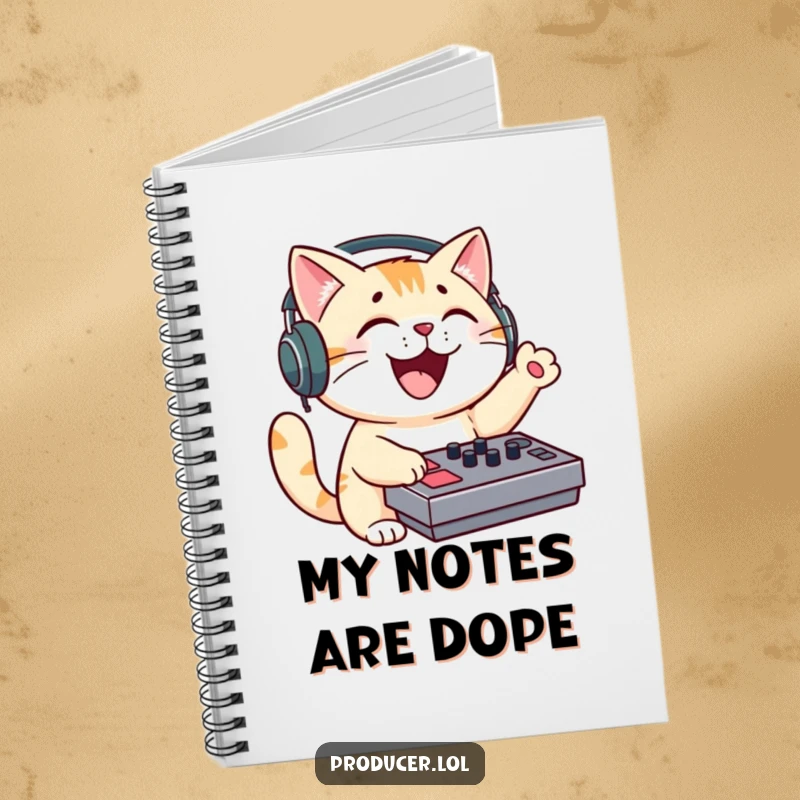 Funny cat DJ notebook, feline with headphones, enthusiastically mixing sound, ready to capture musical ideas.