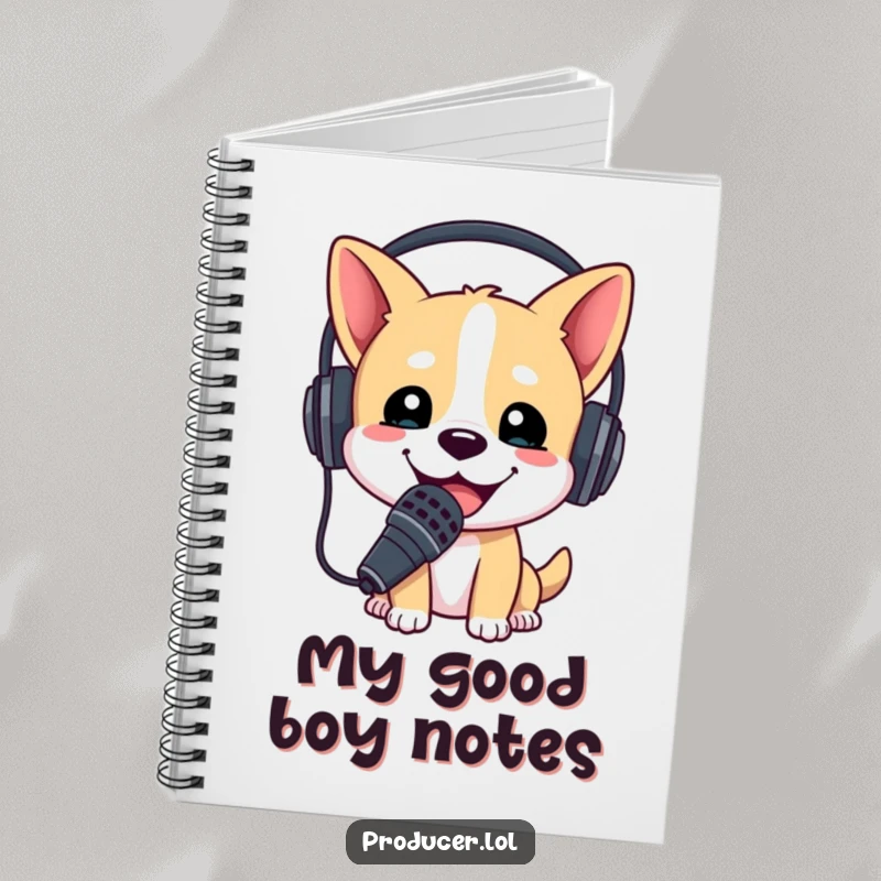 Funny notebook cover with a happy dog wearing a headset and microphone, ready to speak or sing, for journaling.