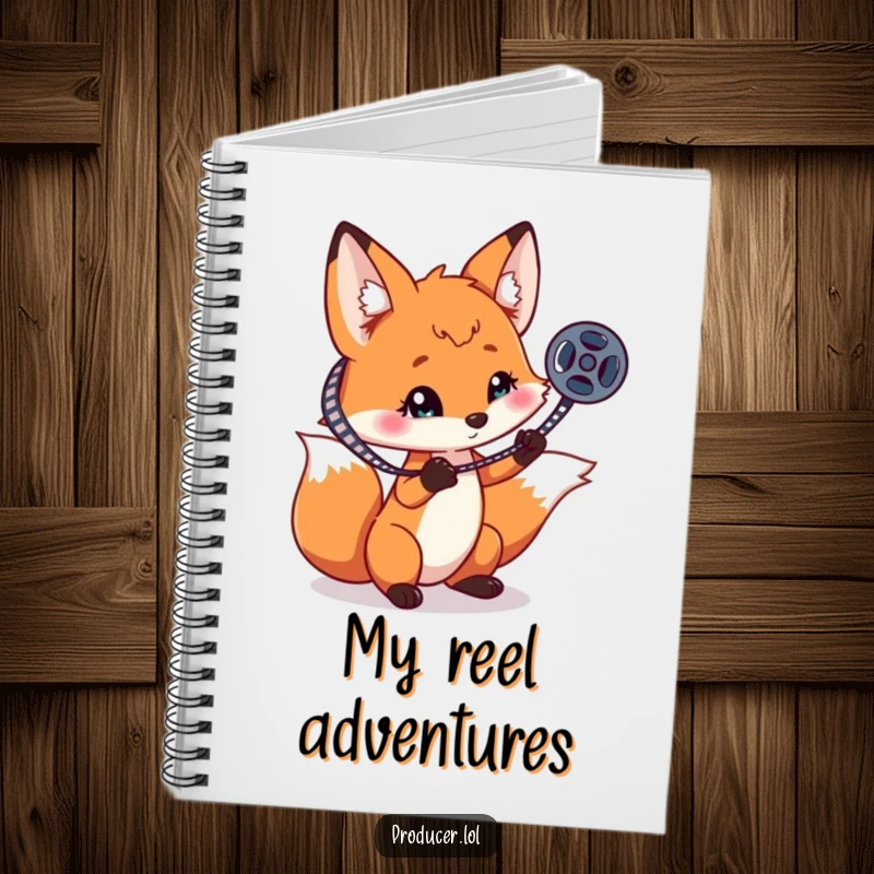 Funny playful fox spinning a film reel on one claw, a charming and humorous notebook for all your creative ideas.