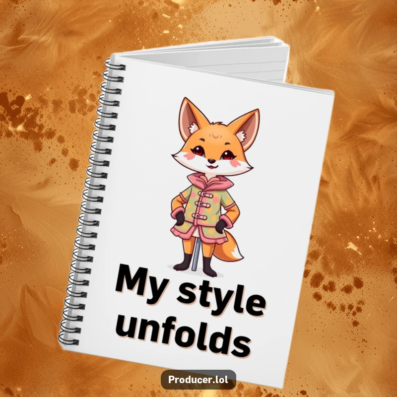 Funny Fox Notebook showing a confident fox designing a colorful costume on a mannequin with a flourish, ideal for notes and funny gifts.