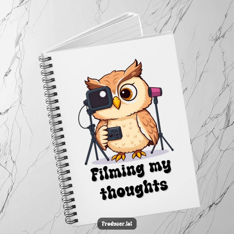 Funny notebook cover featuring a giggling owl with headphones, intently reviewing video footage displayed on a studio monitor.