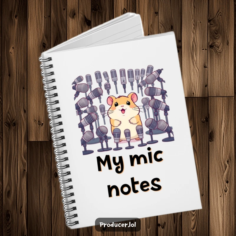 Funny notebook featuring a happy hamster looking over a vast array of microphones, perfect for jotting down ideas and scripts.