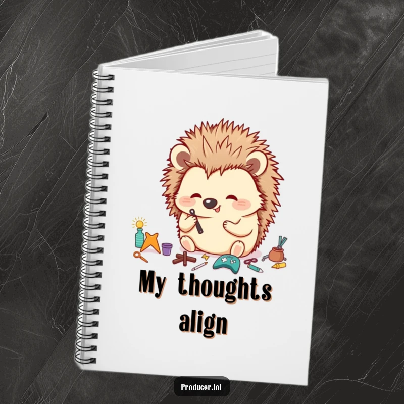 Funny Hedgehog Notebook showing a happy hedgehog meticulously organizing tiny props with a focused look, ideal for notes and funny gifts.